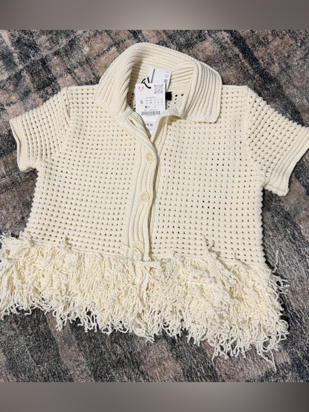 Zara Cream Crochet Short-Sleeve Fringe Cardigan